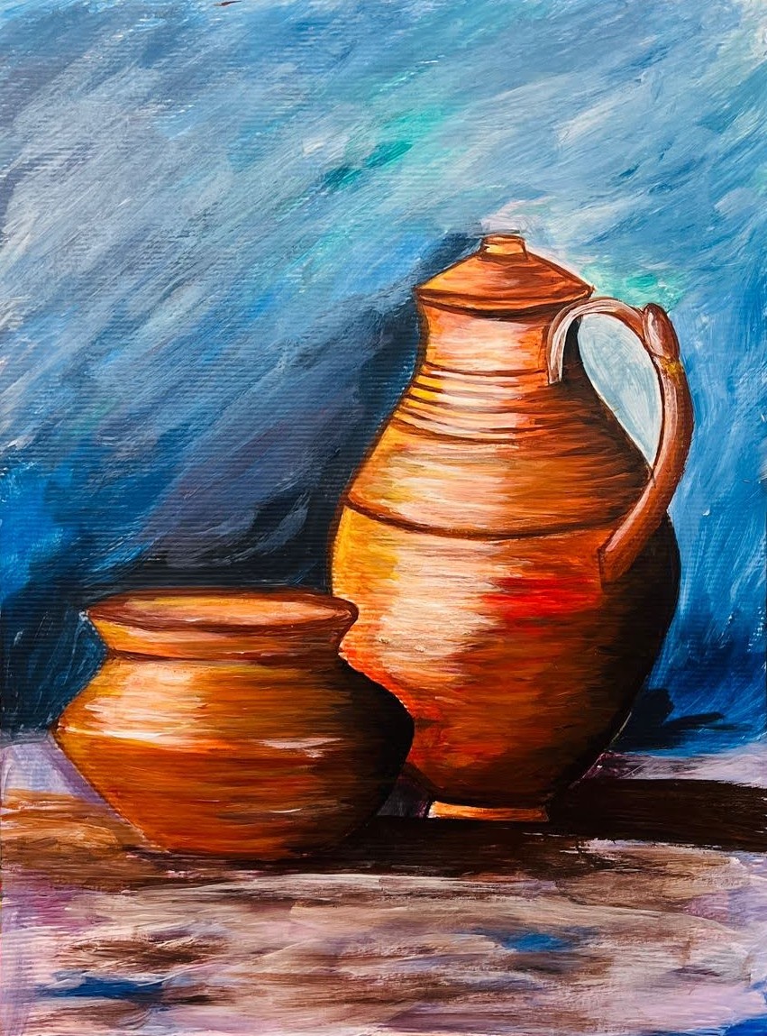 Acrylic still-life painting by Mahira Bint e Hayat of two earthen terracotta vessels — a tall pitcher with a curved handle and rounded lid, and a shorter rounded bowl — set against a deeply textured cobalt-blue background. Warm orange light catches the curves of the clay.